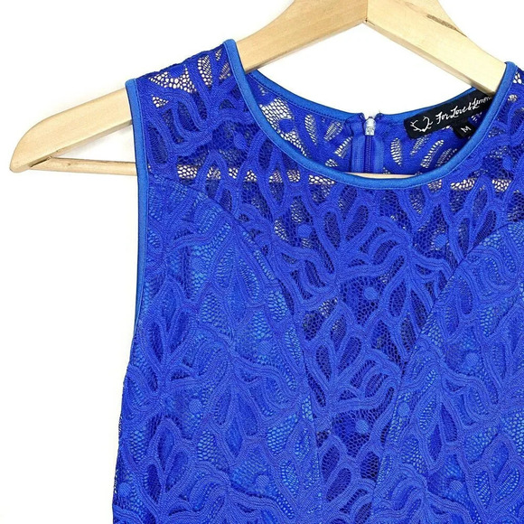 For Love And Lemons Lulu Lace Fit & Flare Dress Illusion Neckline Blue Medium - Picture 3 of 11